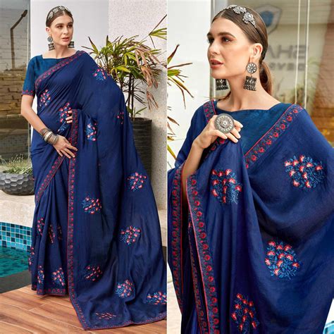 Blue Floral Embroidered Vichitra Silk Saree