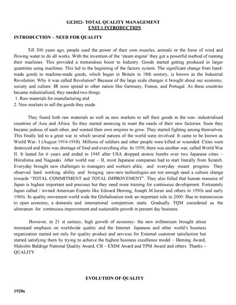 TQM I - NOTES - GE2022- TOTAL QUALITY MANAGEMENT UNIT-1 INTRODUCTION ...