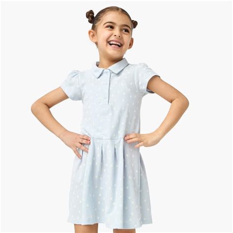 Juniors All-Over Heart Print Polo Dress with Button Closure