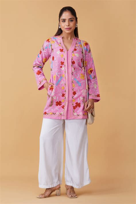 House Of Kari(Chikankari Clothing) - Woolen Kashmiri Aari Jacket – Pink ...