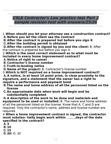 CSLB Contractor's Law Practice Test: Part 2 - Sample Revision with ...