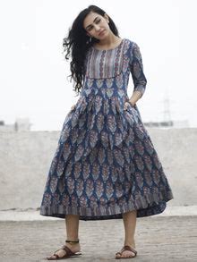 Indigo Maroon Ivory Black Pleated Ajrakh Printed Cotton Midi Dress wit ...