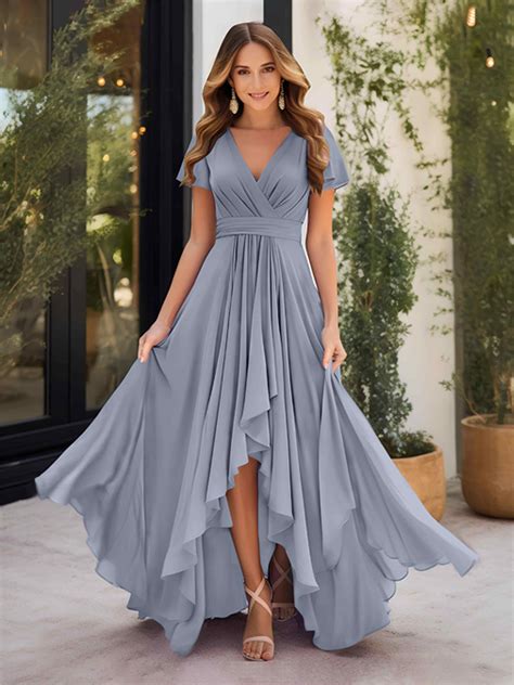 Marley Soft Ruched Short Sleeves High Low Chiffon Bridesmaid Dresses
