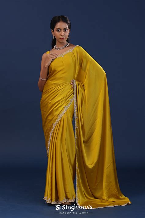 Golden Yellow Solid Satin Saree| Singhania's