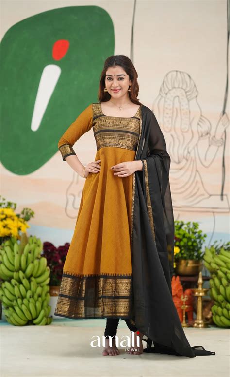 Dark Brownish mustard and Black Chettinad Cotton Anarkali – Ivalinmabia