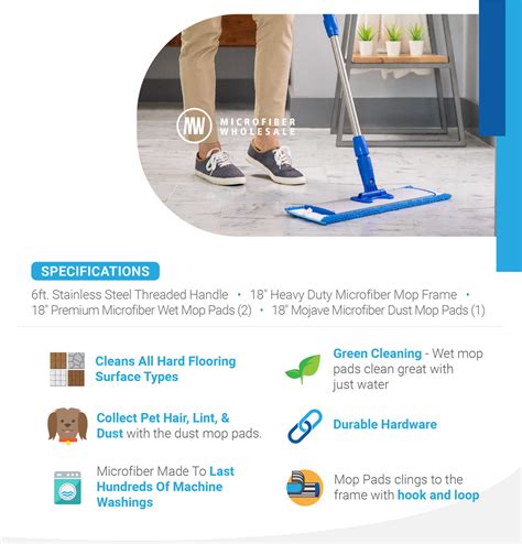 18" Professional Microfiber Mop System - Wet & Dust Mop Pads Included ...