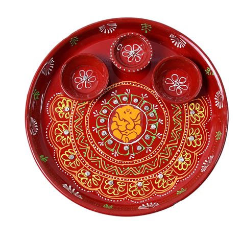 Hand-Painted Decorative Pooja Thali with Ganesha Motif and Diyas