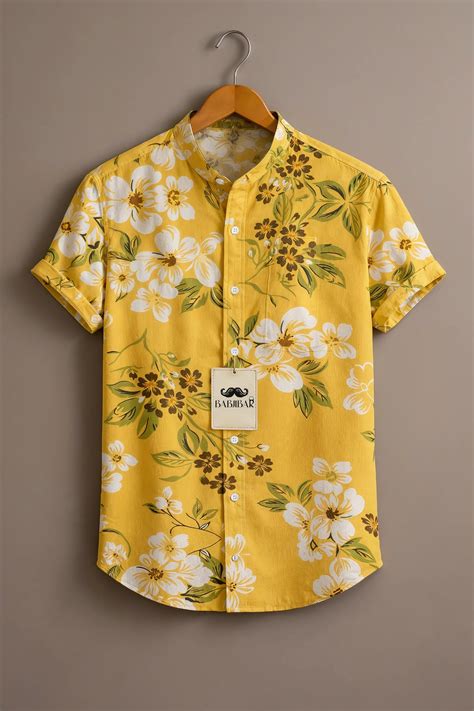 Men’s Yellow Floral Print Mandarin Collar Shirt – BabjiBar