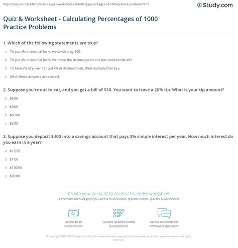 Quiz & Worksheet - Calculating Percentages of 1000 Practice Problems ...