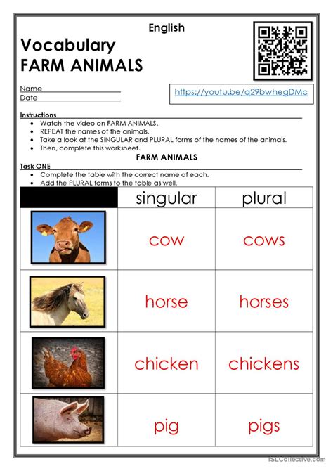 Farm Animals Vocabulary and Plurals…: English ESL worksheets pdf & doc