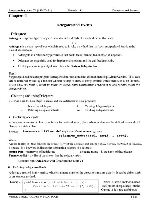 C# - FOR 3RD SEM - Programming using C# [18MCA51] Module - 3 Delegates ...