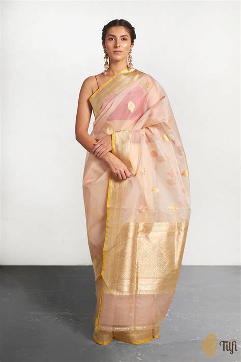 Pre-Order: Light Peach Pure Kora Silk Handwoven Banarasi Saree - Tilfi
