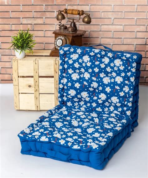 Premium Hand-Plotted Reversible Floral Print Floor Cushion Classic Blue ...