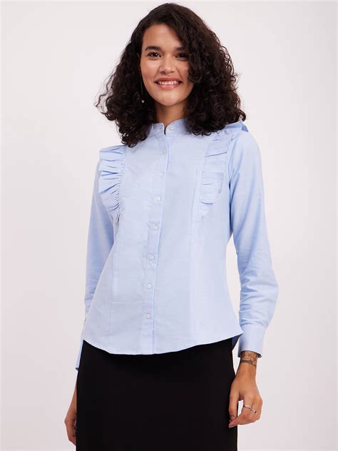Buy Light Blue Cotton Ruffle Detail Shirt Online | FableStreet