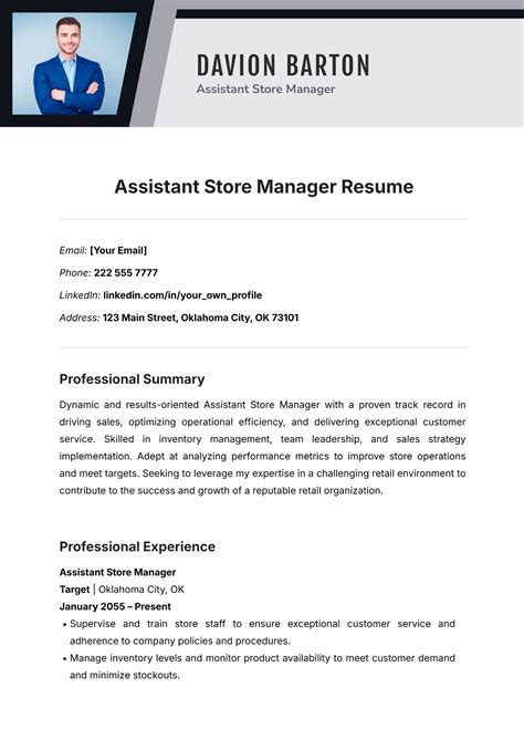 Free Assistant Store Manager Resume Template to Edit Online