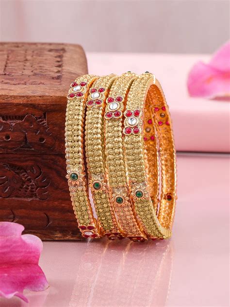 Rubans Set of 4 22K Gold-Plated Bangles with Ruby & Emerald Accents an