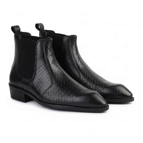 Black Genuine Leather Cuban Heel Boots for Men - Textured Leather (2.5 ...