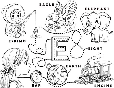Letter E Words Learning Sheet: Eskimo - Eagle - Elephant - Eight ...