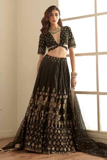Buy Black Brocade, Net, Silk Gota Patti Plunge Neck Siyahi Banarasi ...