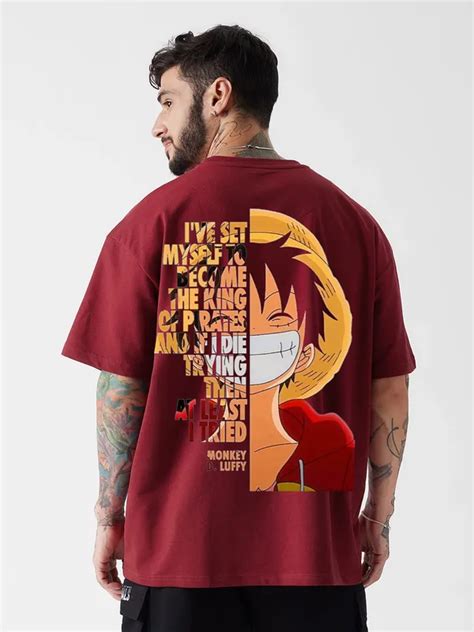 Rarescape Men's Maroon Swashbucklin' Luffy" Typography Oversized Tee ...