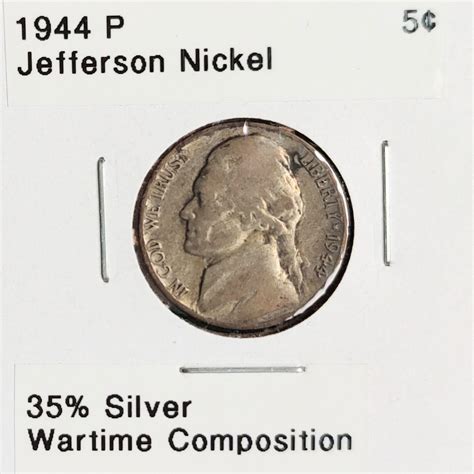 1944 P Jefferson Nickel - Wartime Silver Composition - 2 Photos! - For ...