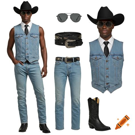 A full cowboy outfit including a vest, jeans, boots, hat, belt, and ...