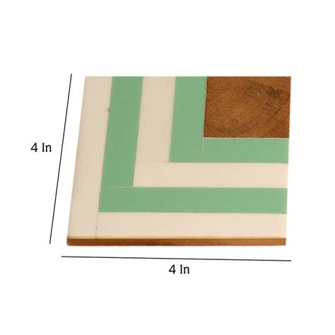 Shop Wooden Square Green & White Resin Coaster For Home & Office - Set ...