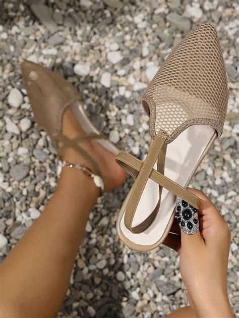 New Women's Khaki Breathable Mesh Backstrap Flats, Lightweight, Hollow ...