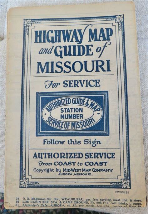 Missouri Highway Map and Guide ca. 1920s stations food lodging gas ...