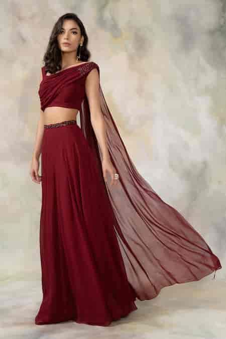Buy Maroon Net, Georgette Asymmetric Embellished Lehenga Set For Women ...