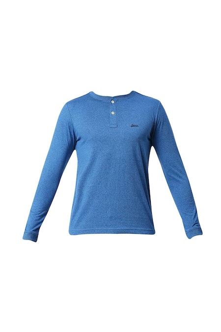 Medium Blue Solid Casual Full Sleeves Henley Neck Men Skinny Fit T ...
