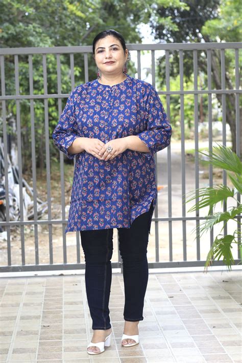 Shop Now Blue Sanganeri Butti Plus Size Tunics - ADIRICHA
