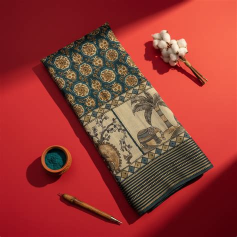 Teal Kalamkari Elephant & Peacock Mal Cotton Saree | Kuberan Silks