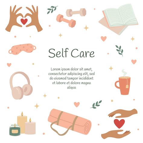 Self care template with elements set. Healthy habits for wellbeing ...