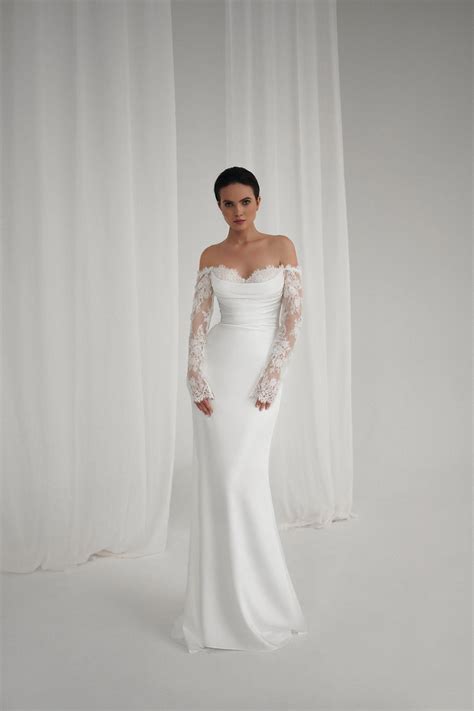 Elegant Satin Off-shoulder Lace Sleeve Bridal Gown With Classic Corset & Train. Open Low Back ... - wedding dress with shoulder sleeves