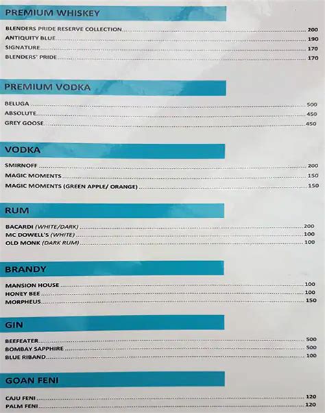 Menu at Alcove Restaurant and Bar, Vagator