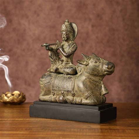 Indonesian Bronze Lord Krishna Sitting on Cow Sculpture | Height: 10 i ...