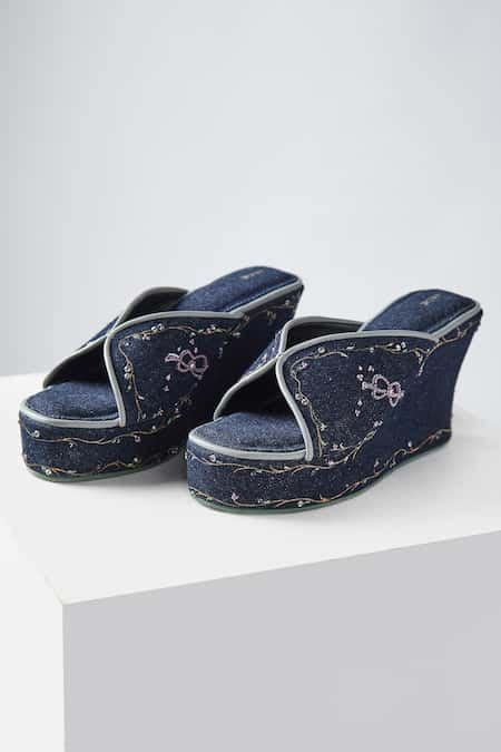 Buy Blue Embroidery Anastasia Denim Wedges by Jade By Monica & Karishma ...