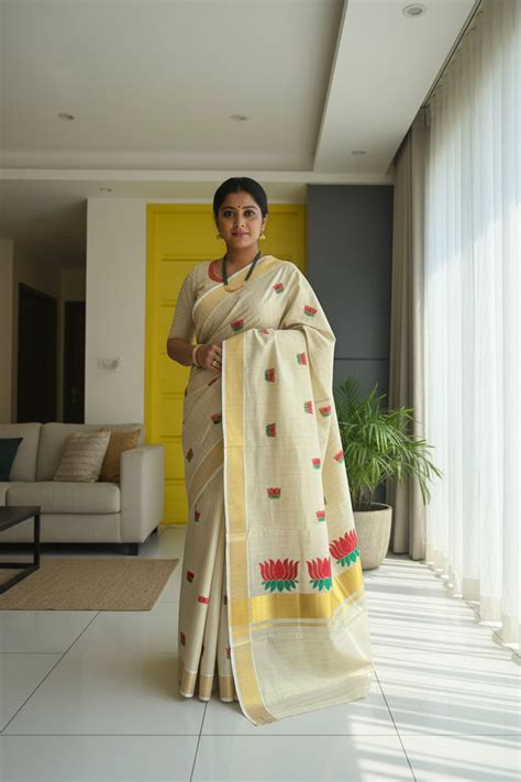 Kerala Tissue Kasavu Lines Saree With Red Lotus Embroidery SL172 ...