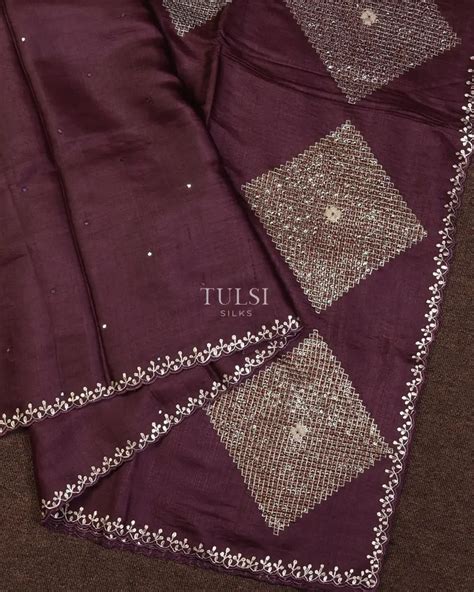 Buy Burgundy Tussar Embroidery Saree T693596