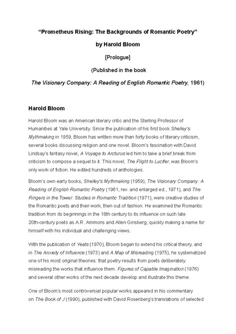 Prometheus Rising: Insights on Romantic Poetry by Harold Bloom - Studocu