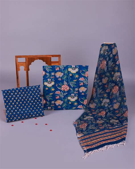BLUE SAPPHIRE HANDBLOCK KOTADORIA DUPATTA UNSTITCHED SUIT SET
