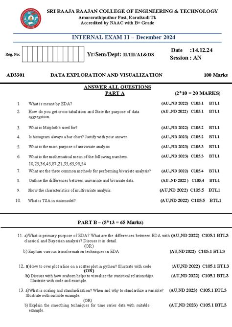 AD3301 Data Exploration & Visualization Internal Exam II QP - Studocu