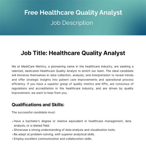Free Healthcare Quality Analyst Job Description Template to Edit Online