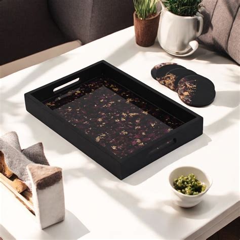 Opulent Black & Gold Petal Tray & Coaster Set: Serve in Luxe Style ...