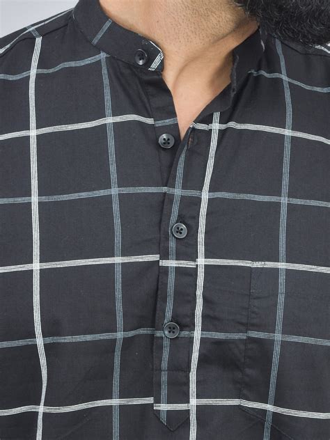 Quaclo Mens Black Wide Check Cotton Short Kurta – QuaClo