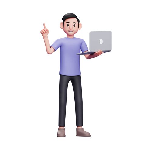 boy standing holding laptop with left hand and raising finger up gets an idea 3d render ...