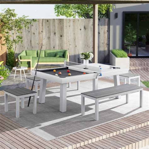 Newport Outdoor Patio 7ft Slate Pool Table Dining Set with 2 Benches ...