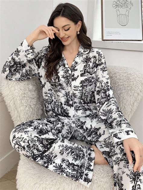 Bubble Wrinkle Print Lapel Collar Long Sleeve Pajama Set | SHEIN USA