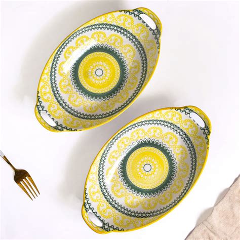 Yellow And Green Mandala Ceramic Platter Set Of 2 Online - Premium ...